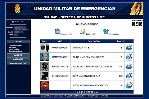 Vista de una de las pantallas del Sistema de Puntos de la Unidad Militar de Emergencias (SIPUME).