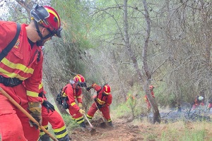 Miembros de la UME trabajando en el incendio con herramienta manual