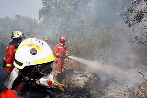 Efectivos de la UME en tareas de ataque directo al fuego