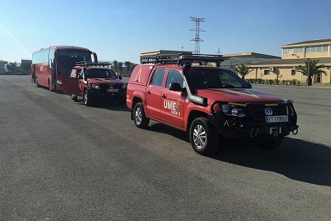 Salida del personal de intervenci&oacute;n del BIEM II desde su sede, en la Base A&eacute;rea de Mor&oacute;n (Sevilla)