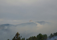Descarga de un hidroavión Canadair sobre el incendio de Cogolludo